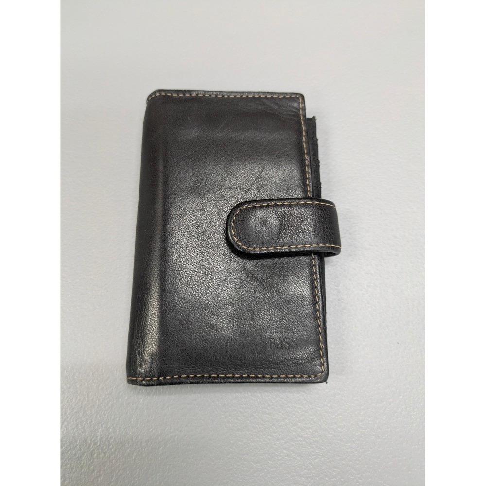 Black Genuine Leather Wallet Slim Card ID Holder‎ Fold over Snap Minimalist